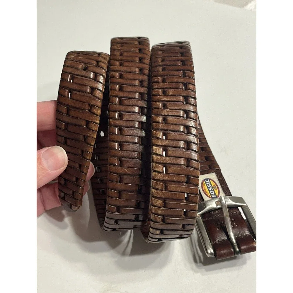 Fossil Leather Woven Wrapped Edge Brown SilverTone Buckle Sz 36